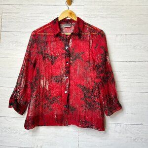 Chicos Blouse Womens SZ 1 / M Red, Black & White Floral Bamboo Print Linen Blend